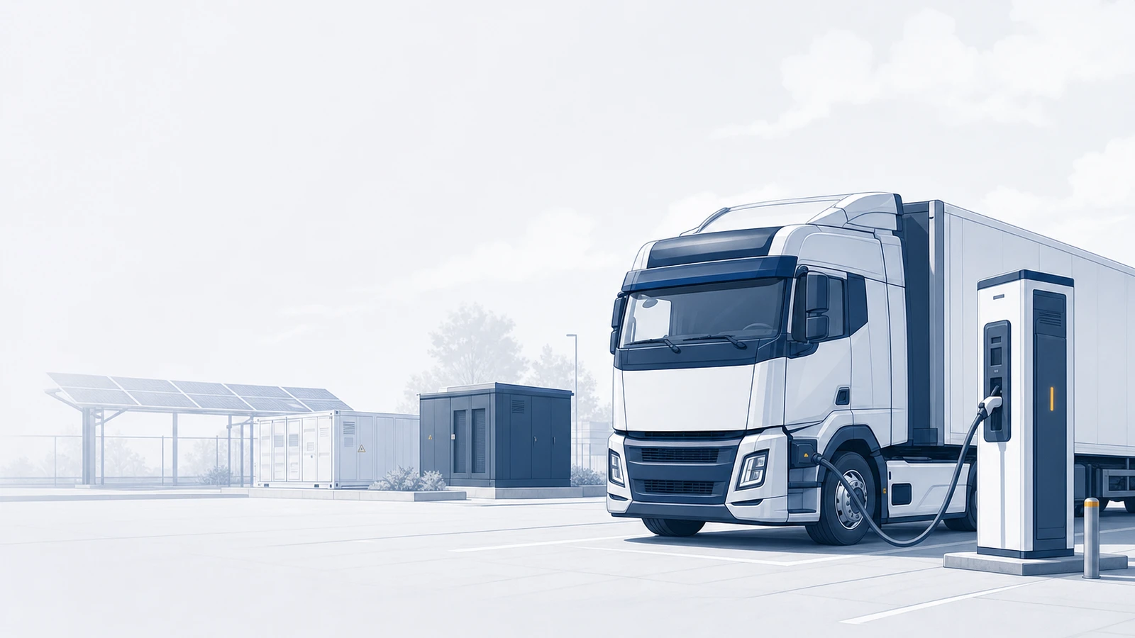 Markenneutraler schwerer Elektro-Lkw (Klasse N3) lädt an einer DC-Schnellladesäule auf einem Betriebshof; im Hintergrund eine PV-Überdachung, ein Batteriespeicher-Container und eine Trafostation.