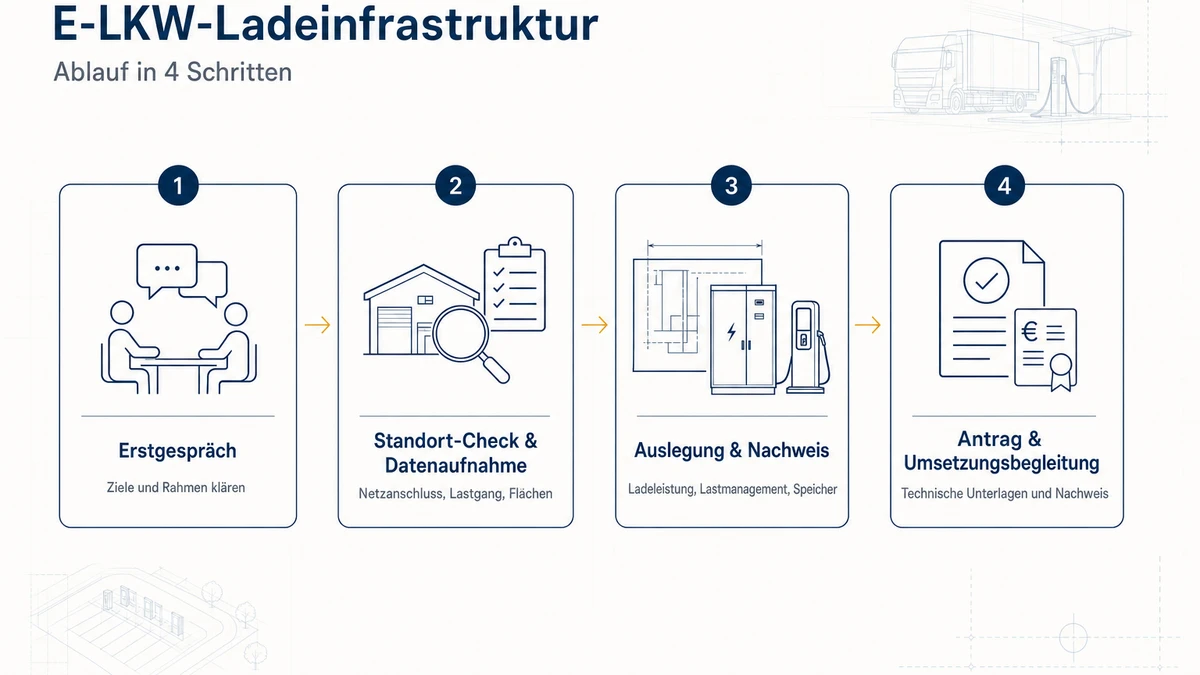 Prozessgrafik in vier Schritten: Erstgespräch, Standort-Check und Datenaufnahme, Auslegung und Nachweis, Antrag und Umsetzungsbegleitung.