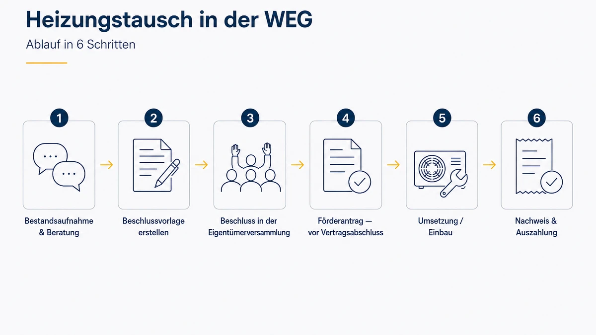Ablaufdiagramm „Heizungstausch in der WEG — Ablauf in 6 Schritten": sechs nummerierte Schritte von links nach rechts mit Pfeilen verbunden — 1. Bestandsaufnahme und Beratung, 2. Beschlussvorlage erstellen, 3. Beschluss in der Eigentümerversammlung, 4. Förderantrag vor Vertragsabschluss, 5. Umsetzung und Einbau, 6. Nachweis und Auszahlung. Technische Blueprint-Vektorgrafik in Marineblau auf hellem Hintergrund mit goldenen Pfeilen.