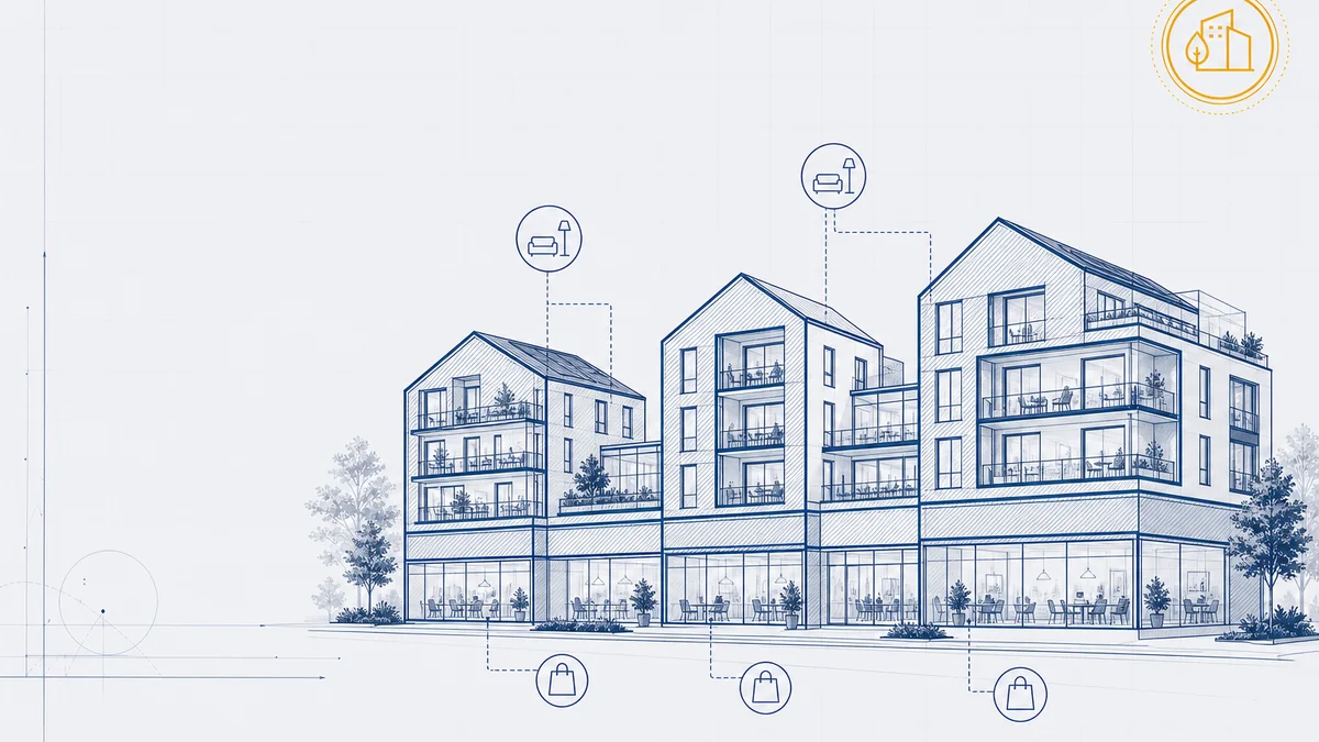 Ensemble aus Wohn- und Geschäftshäusern im Hattener Ortskern — Blueprint-Illustration für DGNB/QNG-Audit