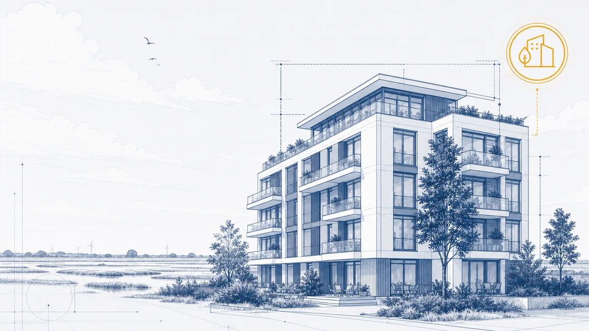 Mehrfamilienhaus-Neubau in norddeutscher Marschlandschaft (Jade) — Blueprint-Illustration für QNG-Zertifizierung