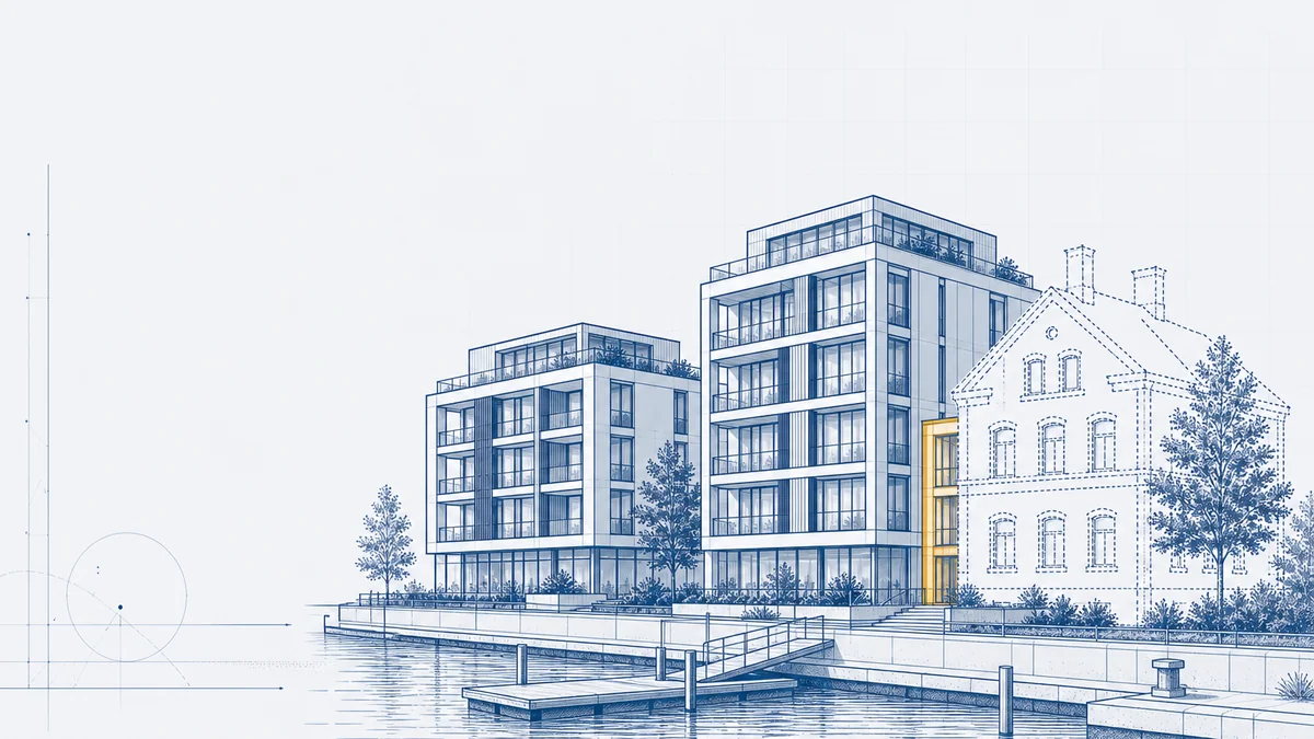 Blueprint-Ensemble aus Neu- und Altbau an norddeutscher Hafenkante — Symbol für QNG/DGNB-Zertifizierungsbegleitung
