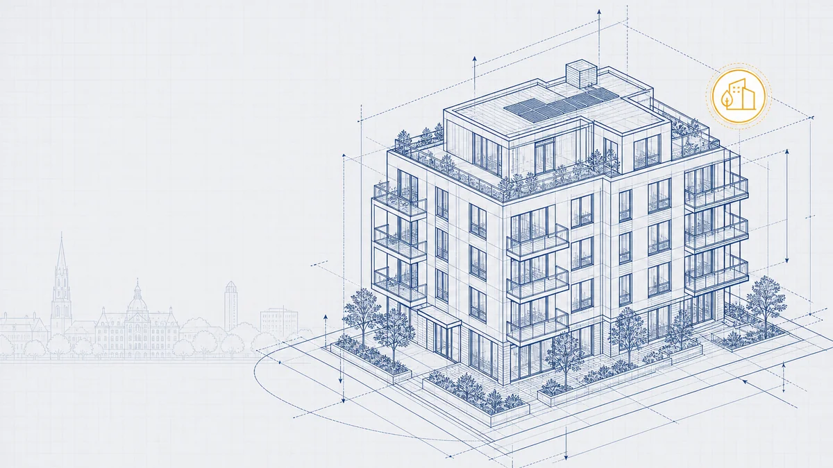 Mehrgeschossiger Wohnungsneubau in Oldenburg — Blueprint-Vektor für QNG/DGNB-Begleitung