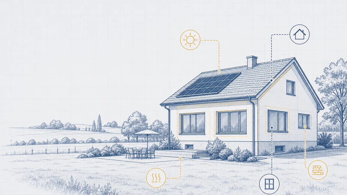 Freistehendes Einfamilienhaus der 1970er im ländlichen Umfeld Cloppenburg — Blueprint-Illustration mit Sanierungsebenen