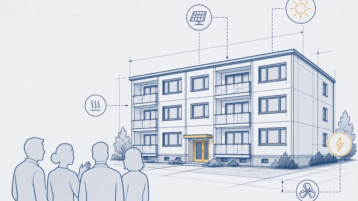 Mehrfamilienhaus-Zeile der 1970er in Delmenhorst — Blueprint-Illustration mit Sanierungsebenen