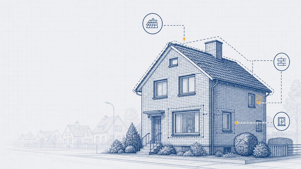 Klinker-Einfamilienhaus der 1960er in Oldenburger Straßenzeile — Blueprint-Illustration mit Sanierungsebenen