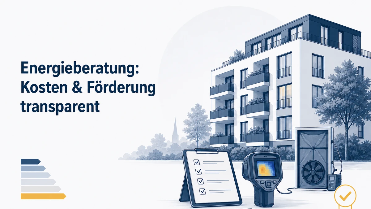 Blueprint-Vektor-Illustration einer Energieberatungs-Begehung an einem norddeutschen Wohngebäude: stilisiertes Tablet mit Häkchen-Checkliste, dezentes Messgerät und eine Energieeffizienz-Skala mit goldenem Siegel-Akzent; Schriftzug „Energieberatung: Kosten & Förderung transparent“ in Marineblau.