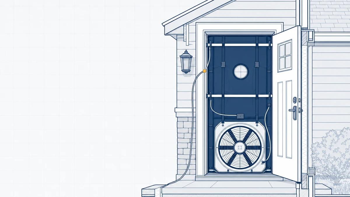 Blueprint-Illustration eines Blower-Door-Gebläses in einer Haustür als Motiv für die Luftdichtheitsmessung nach DIN EN ISO 9972.