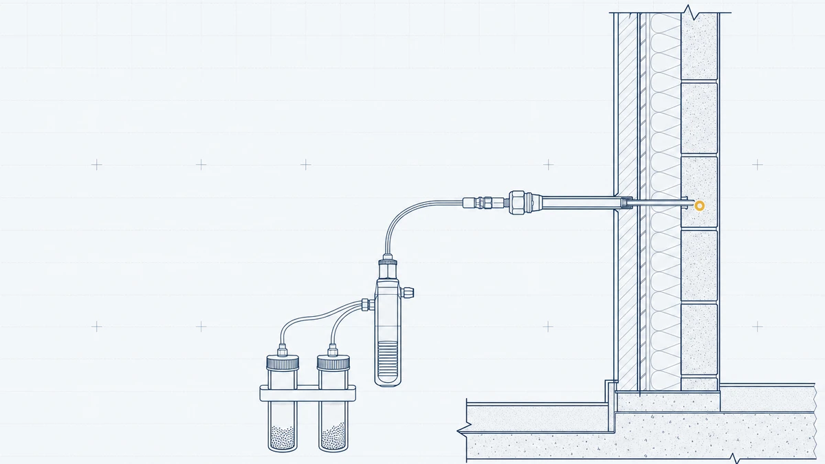 Blueprint-Illustration eines Schadstoff-Messgeräts im Gebäudeschnitt als Motiv für die Schadstoffmessung.