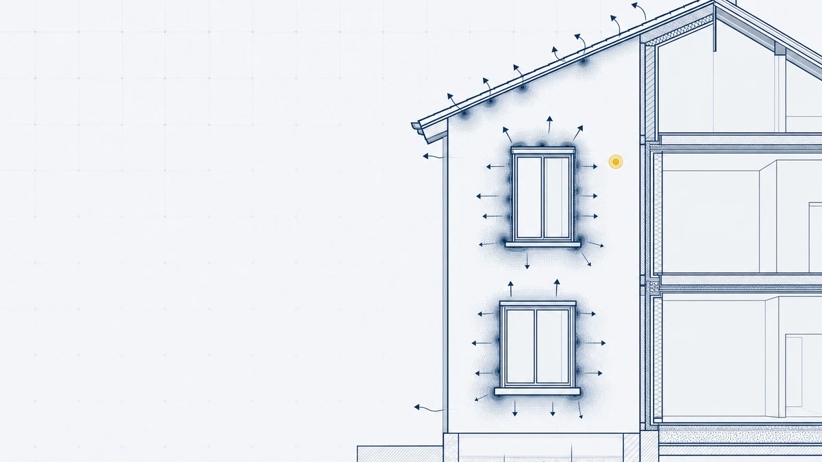Blueprint-Illustration einer Hausfassade mit Thermografie-Wärmebild als Motiv für die Gebäudethermografie.