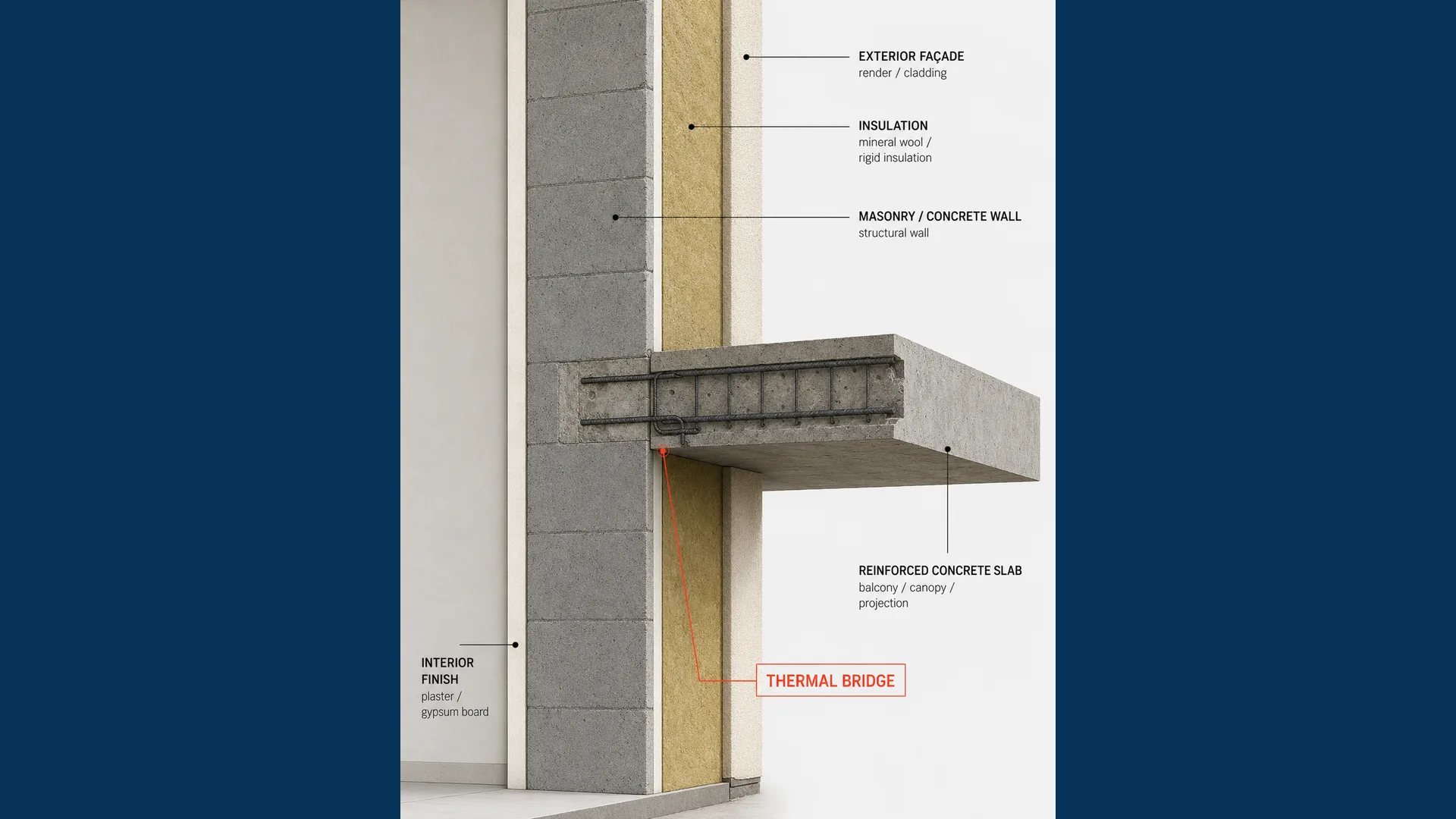 Technische Blueprint-Zeichnung eines Fensteranschlusses im Wandquerschnitt. Auf dunkelblauem Raster zeigt die Detailzeichnung Wandaufbau mit Dämmung, Fensterrahmen-Profil und goldene Isothermen-Bögen an der thermischen Schwachstelle im Laibungsanschluss.