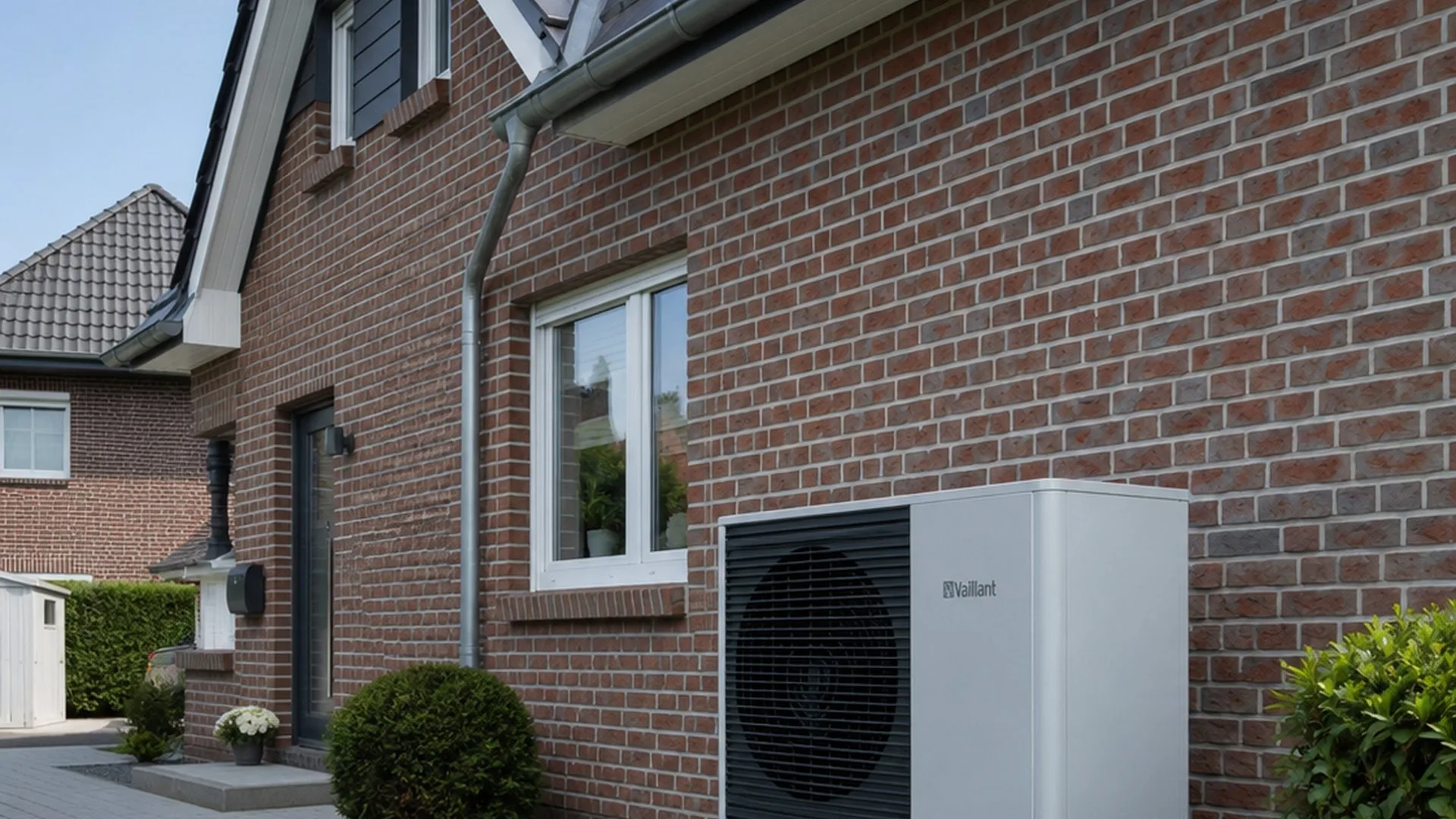 Wärmepumpe an einem Wohnhaus als Motiv für Wärmepumpen-Optimierung.