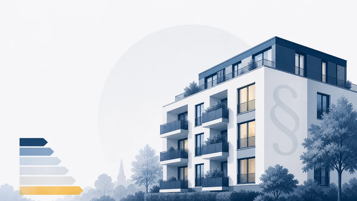Editoriale Illustration eines deutschen Mehrfamilienhauses im Vermietungskontext mit Bezug zum Gebäudeenergiegesetz