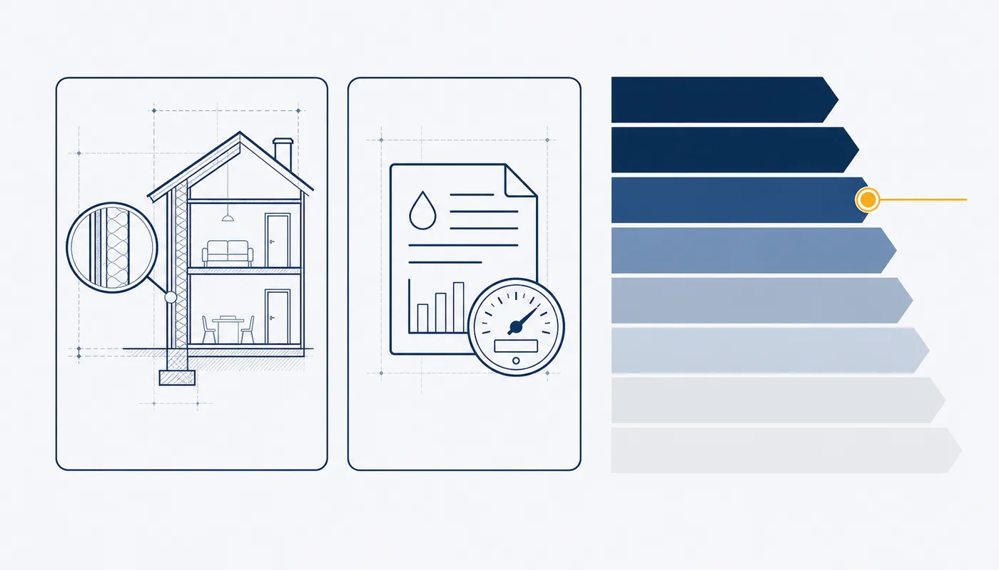 Gegenüberstellung von Bedarfs- und Verbrauchsausweis als Symbole sowie die Effizienz-Farbskala von A bis G.