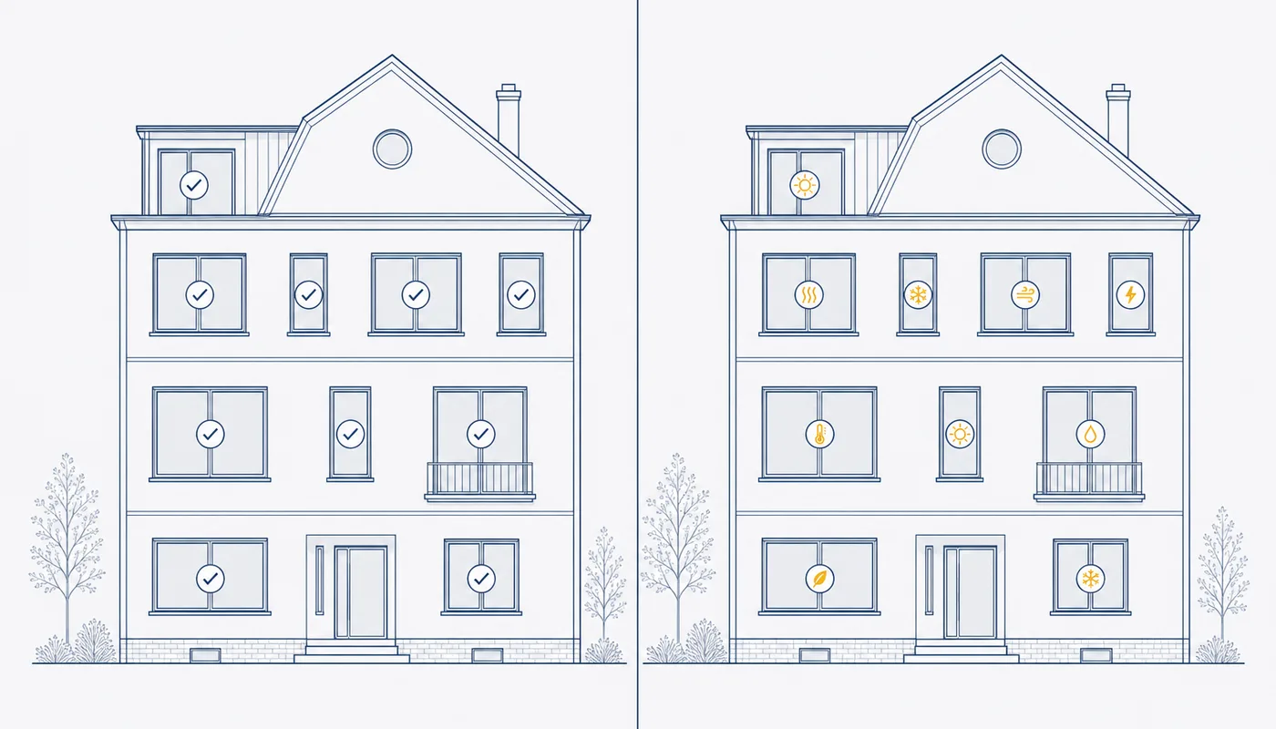 Fassade mit mehreren unterschiedlichen Fenstern im Vergleich: links alle mit demselben Standardwert, rechts jedes Fenster mit eigenen, individuell berechneten Kennwerten.